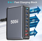 500W USB C Fast Charger Block, 8 Port USB Charging Station, GaN Ⅲ Pro Double 100W PD PPS Port Fast Charging Station for Multiple Devices,Laptop Wall Charger Compatible with MacBook/iPhone 16/iPad etc