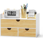 Wisuce Desk Organizer with Drawers - Bamboo Desktop Organizer Storage | White-Natural Wood Desk Drawers Organizer for Bills, Office Supplies, Cosmetics, Seals No Assembly Required
