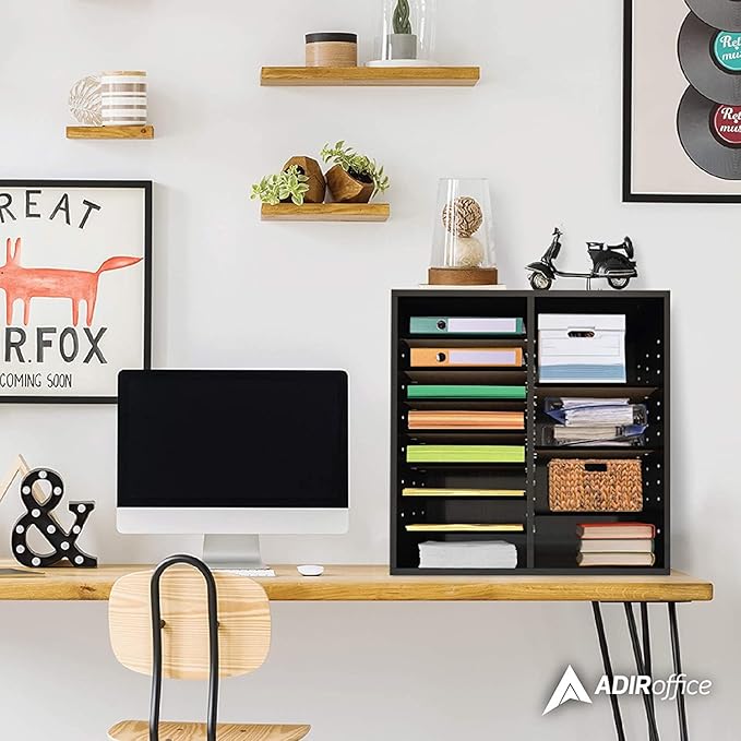 AdirOffice Wooden Adjustable organizerserature Organizer, 16 Compartment Office Mailbox, or Classroom Literature Organizer, Black