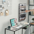 Wall File Organizer, 10 Tire Hanging File Folder Mail Organizer, Vertical Mesh Metal Door/Wall Mount Hanging File Holder, Paper Document Magazine Rack with Hooks for Home Office Black