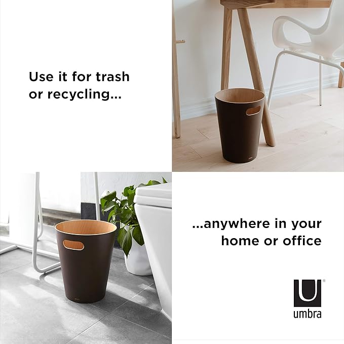 Umbra Woodrow, 2 Gallon Modern Wooden Trash Can Wastebasket or Recycling Bin for Home or Office, Espresso