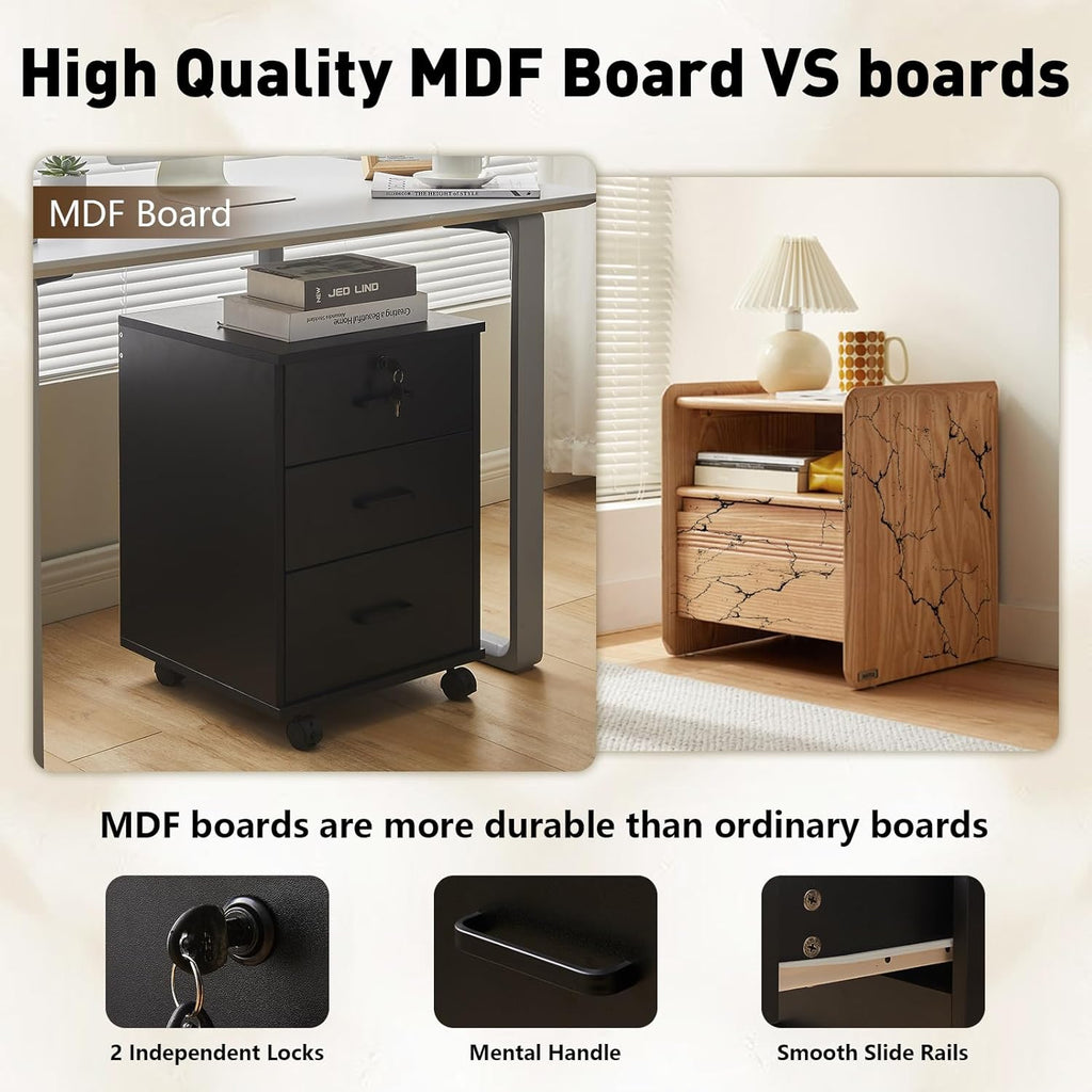 TUKAILAi Mobile File Cabinet with 3 Drawers, Lockable Storage Unit Wooden Rolling Office Filing Cabinet with Wheels, for Legal/Letter/A4 Sized Documents Home Office (Black 1PCS)