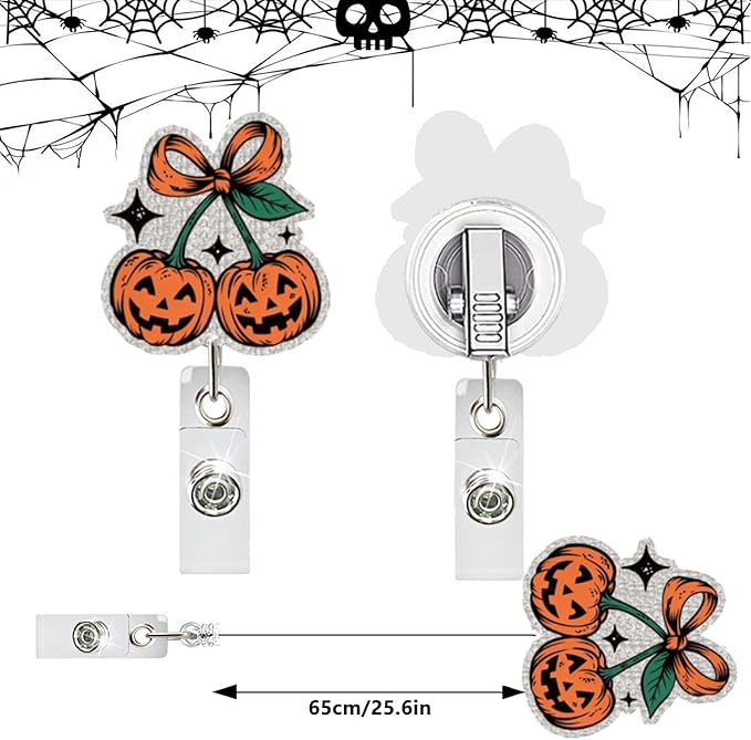 Halloween Cute Pumpkin Badge Reel Holder Retractable for Nurse Nursing Medical Worker & Teacher Pumpkin Bow Badge Reel with Alligator Clip & Durable Nylon Cord Acrylic Name Tag Card Badge Clip