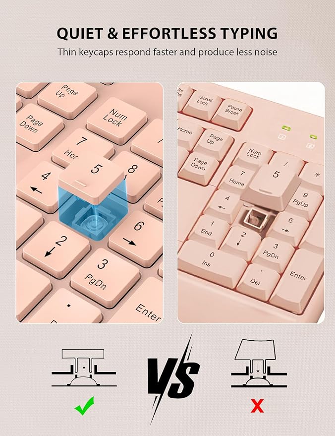 Trueque Wireless Keyboard and Mouse Combo - Full-Sized Ergonomic Keyboard with Wrist Rest, Phone Holder, Sleep Mode, Silent 2.4GHz Cordless Keyboards Mice Set for Computer, Laptop, PC, Windows (Pink)