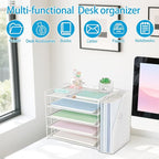 AUPSEN White Desk Organizers and Accessories, 5-Tier Letter Tray Paper Organizer with Adjustable File Holder, Desktop Office Desk Accessories for Office Supplies