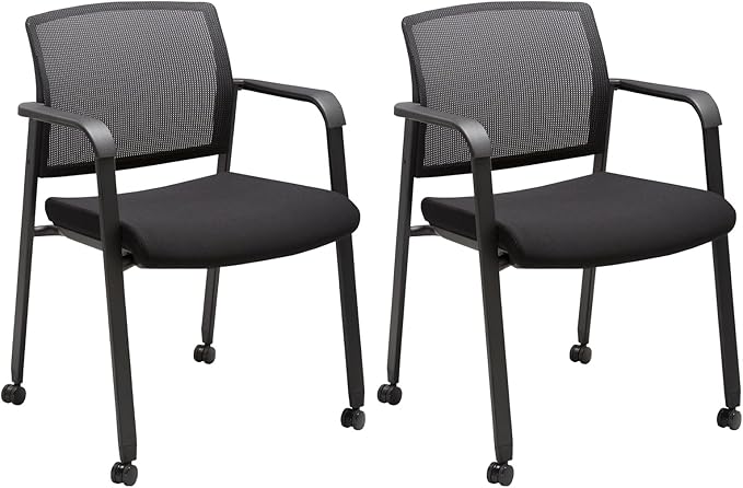 CLATINA Black Waiting Room Chair with Wheels Mesh Back Stacking Arm Chairs with Upholstered Fabric Seat and Ergonomic Lumbar Support for Office School Church Guest Reception