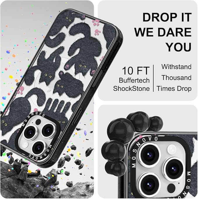 MOSNOVO Magnetic Case for iPhone 16 Pro, 10ft Military-Grade Protection, Compatible with Magsafe, Shockproof Phone Case for iPhone 16 Pro - Black Fluffy Cat - Clear Black