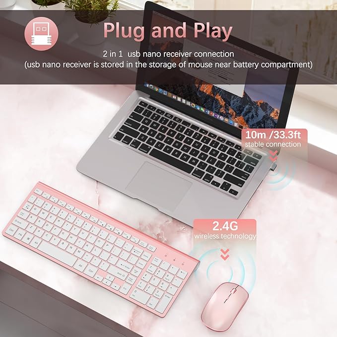 Wireless Keyboard and Mouse,2.4G Full Size and Portable Wireless Keyboard with Numeric Keyboard or Computer/Desktop/Laptop/Windows 10/8/7 -Pink