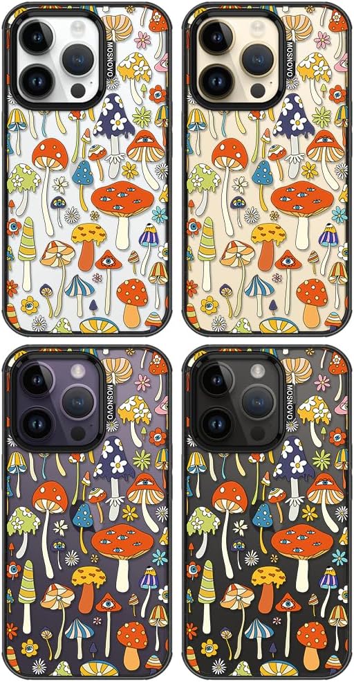 MOSNOVO Case for iPhone 14 Pro, [10ft 4X Military-Grade Drop Protection] Durable & Shockproof Phone Case Cover Design for iPhone 14 Pro - Mushroom Art - Clear Black
