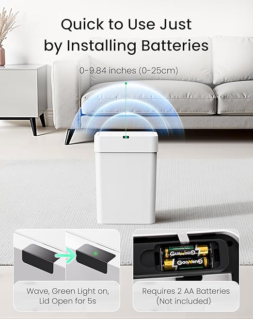 Cesun Bathroom Trash Can with Lid, 4 Gallon Motion Sensor Garbage Can Automatic Touchless Trash Cans, Slim Plastic Smart Waste Basket for Bedroom, Office, Living Room, White