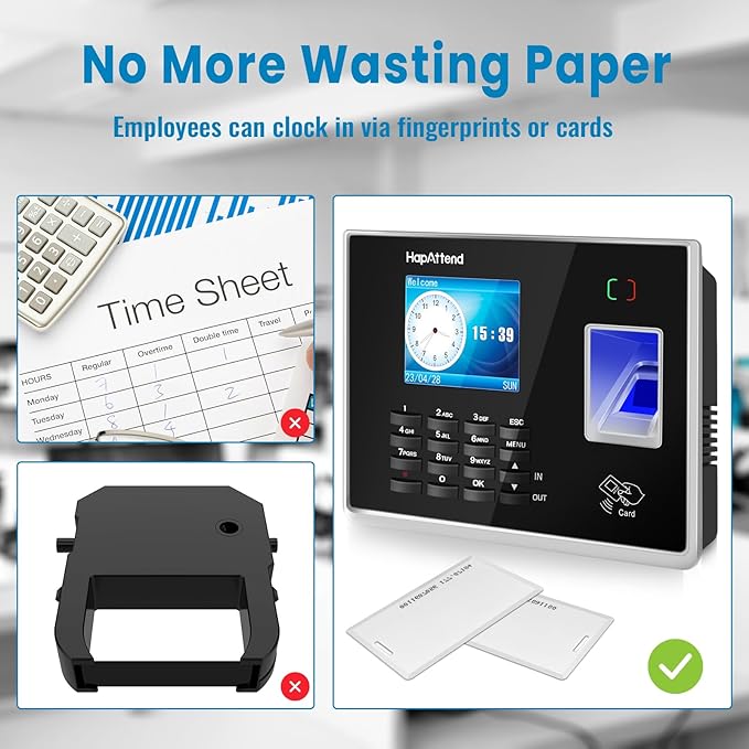 Time Clock - Fingerprint Time Clocks for Employees Small Business Automatic Calculate Hours, H2 Standalone Biometric Clock in Machine for Employees with 5 RFID Cards (0 Monthly Fees)