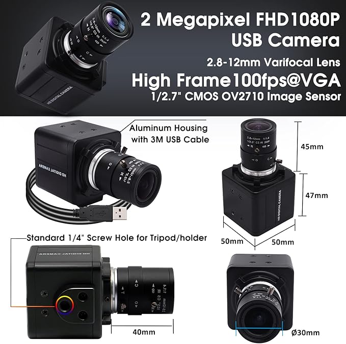 SVPRO 2.8-12mm Manual Zoom Lens 1080P Full HD Webcam Wide Angle Portable PC Computer USB Camera for Streaming with CMOS OV2710 Sensor for Windows,Android,Linux, MAC OS,1/4 Inches Screw Mount