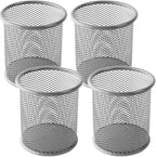 Ameceres 4 Packs Wire Mesh Pencil Holder Metal Pen Cup Desk Pen Organizer Case Pencil Jar Black for Office Home (Silver)