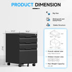 3 Drawer File Cabinet on Wheels, Mobile File Cabinet with Lock for Letter/Legal/A4 File, Metal Rolling File Cabinets for Home Office (Black)