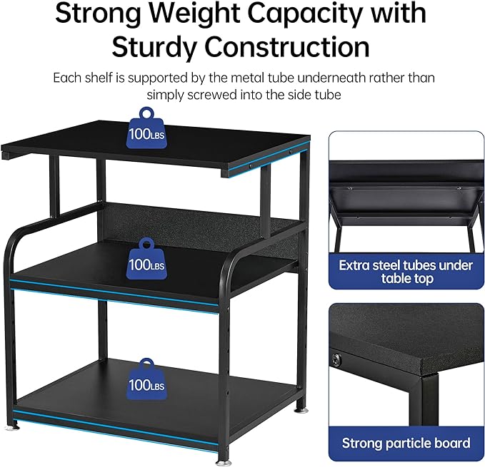 Printer Stand, 23.6 x18.9 x 30 Inches Large Printer Table with Adjustable Storage Shelf, 3 Tier Rolling Printer Cart with Wheels for Home Office, Stand for Heat Press Mini Fridge, Black
