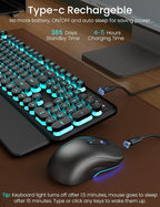 Wireless Keyboard and Mouse Backlit - Typewriter Keyboard with Detachable Wrist Rest, Retro Round Keycaps, Light Up Letters, 2.4G Cordless Combo for Mac, Windows, PC, Laptop, Trueque [2024 Upgraded]