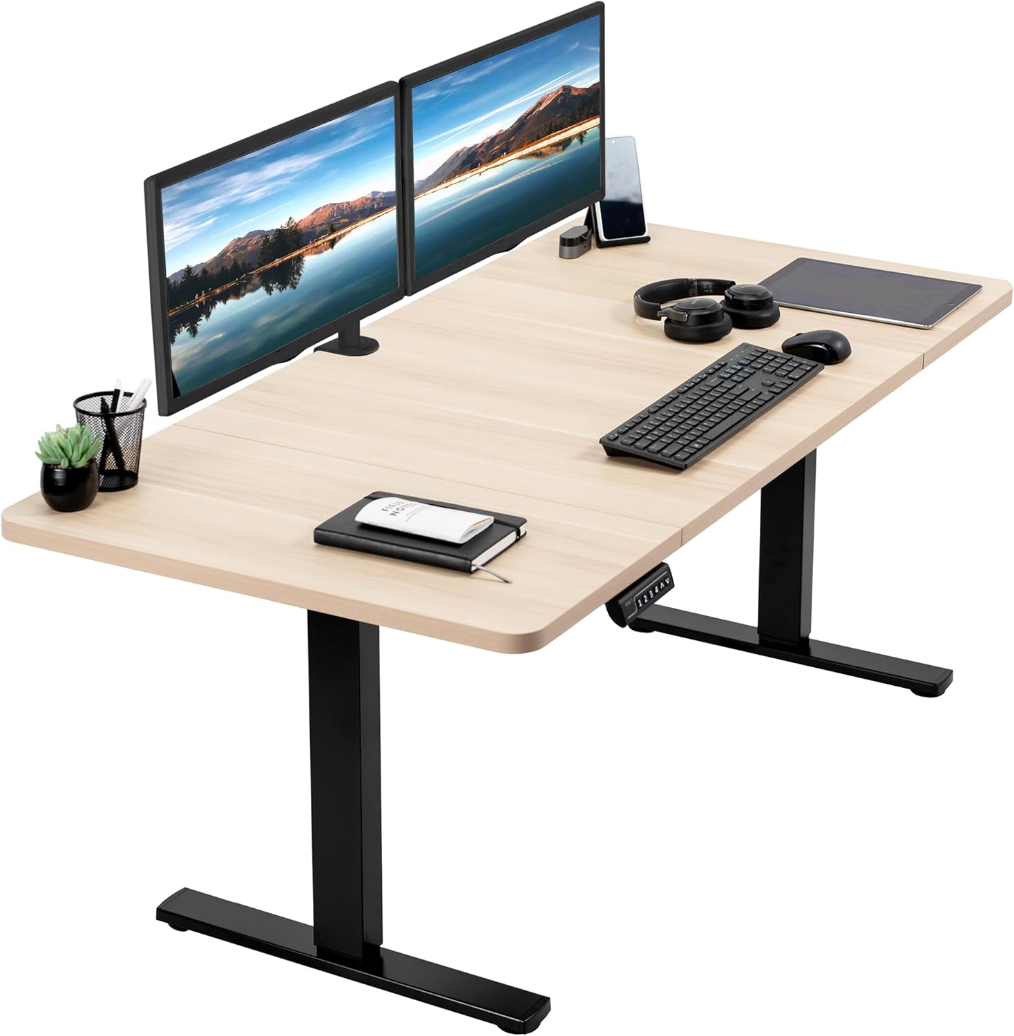 VIVO Electric 60 x 30 in Standing Desk, Memory Height Adjustment, 1B Series, Light Wood Top Black Frame, DESK-KIT-1B6C-30