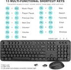 Wireless Keyboard and Mouse Combo, Ergonomic Full Size Typewriter Retro Round Keycaps Keyboard, Compatible with Windows, PC, Perfer for Home and Office Keyboards (Black