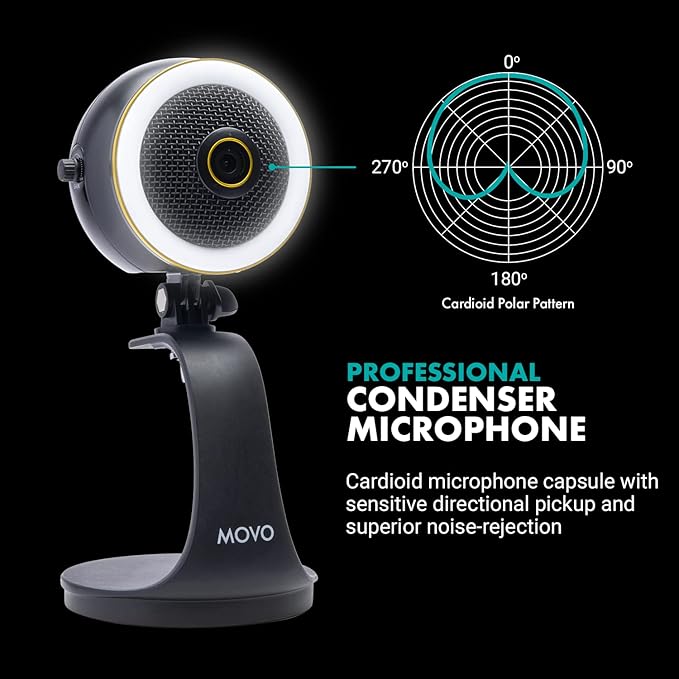 Movo WebMic HD Pro All-in-One Webcam with Microphone and Ring Light- 1080p HD Camera, Pro Cardioid Condenser Microphone, LED Ring Light -HD Webcam for Streaming, Video Conferencing, Recording, Gaming