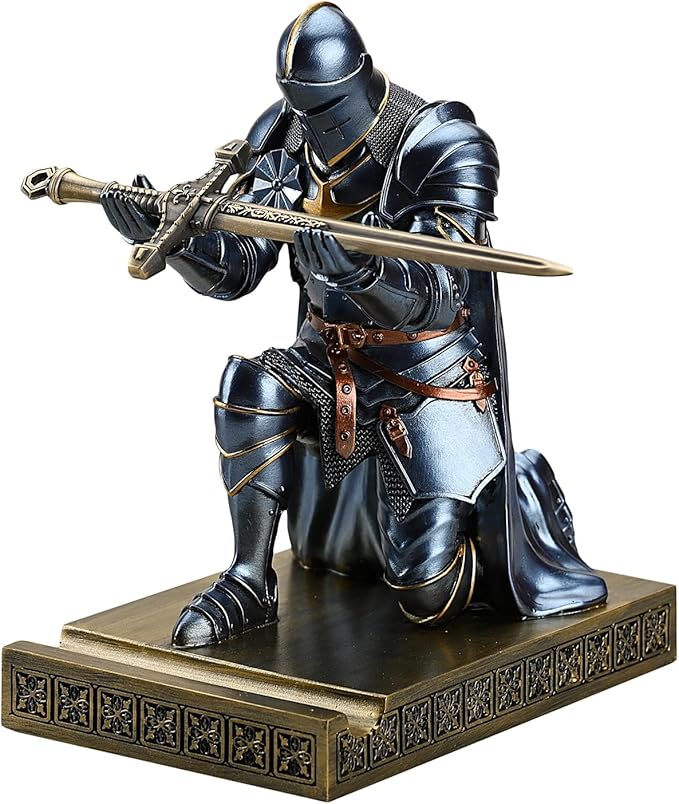 Medieval Armored Warrior Wearing Outerwear, Mobile Phone Stand Knight Pen Holder Desk Organizers, Resin Bookends Paperweight with a Letter Opener for Desk (Blue)