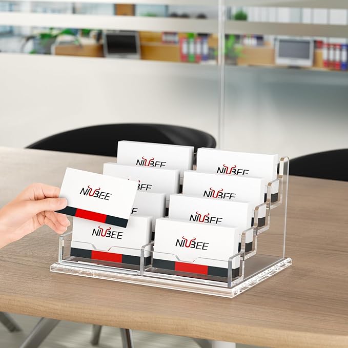 NIUBEE Clear Business Card Holder 4 Tier Acrylic Business Card Stand, 8 Slots Business Card Display for Desk Counter, 600 Card Capacity, 1 Pack