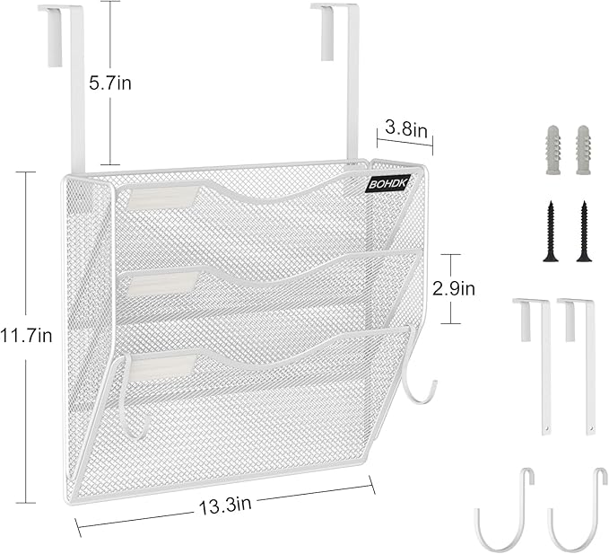 Wall File Organizer, 3 Tire Hanging File Folder Mail Organizer, Vertical Mesh Metal Door/Wall Mount Hanging File Organizer, Paper Document Magazine Rack with Hooks for Home Office White