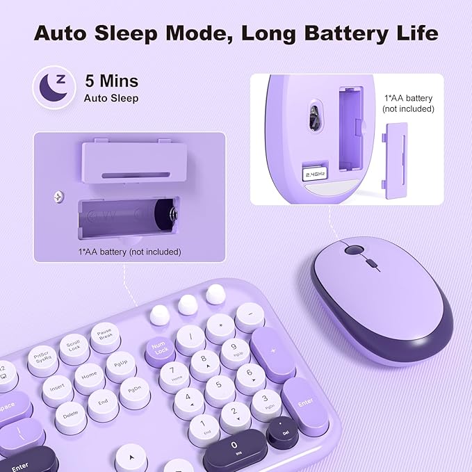 MOFII Wireless Keyboard and Mouse, Retro Typewriter Keyboard and Silent Mouse, 2.4GHz Full Size Keyboard and Mouse Wireless Combo for Laptop, PC, Desktop, Windows (Violet)
