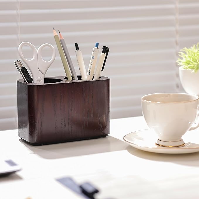 Oak Solid Wood Pen &Pencil Holder for Desk, Office Stationery Organizer, Table Pencil Cup Stand,Desk Accessories Holder, Two Cups Practical Design. (Espresso)