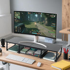 Dual Monitor Stand Riser, Desk Organizer with Drawer, Office Desk Organizers and Accessories, Office Workspace Organization, Computer Monitor Stand for Laptop, Printer (Black)