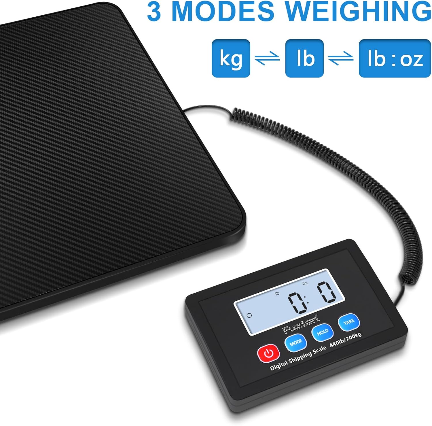 Fuzion Shipping Scale, 440LB x 10g High Accuracy Postal Scale, Hold/Tare Function, Digital Shipping Postal Scale for Packages, Postage, Luggage, Mailing, Battery & AC Adapter Included