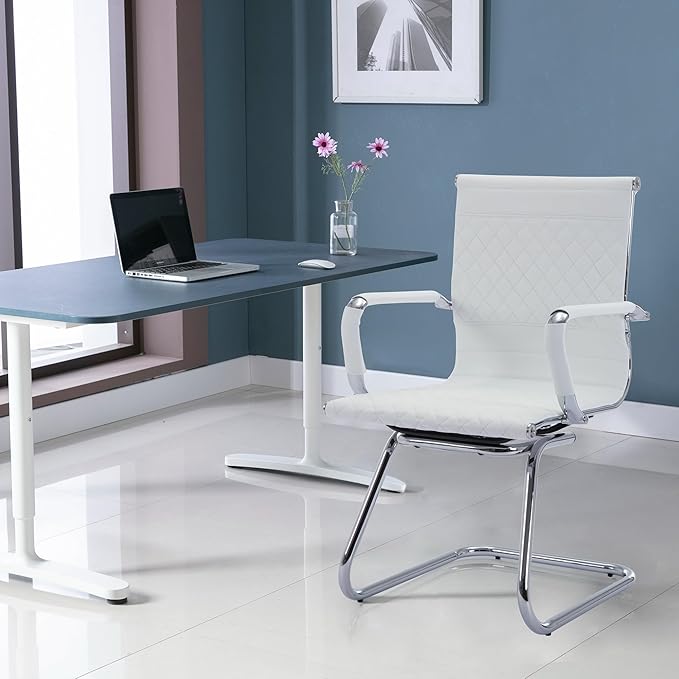 Office Guest Chairs Reception Chairs Waiting Room Chairs Set of 2 Conference Room Chair with Mid Back, Modern PU Leather Desk Chair, White