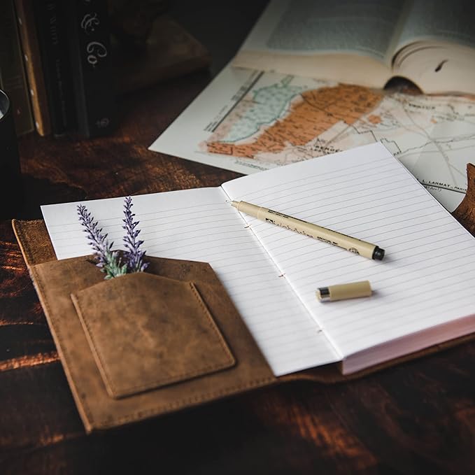 Refillable Leather Journal | Premium Lined A5 Notebook Cover | 200 Ruled Writing Pages | Card Holder Slot | Leather Bound Journals for Men & Women, Best Gift Travel Diary, Cool Planner