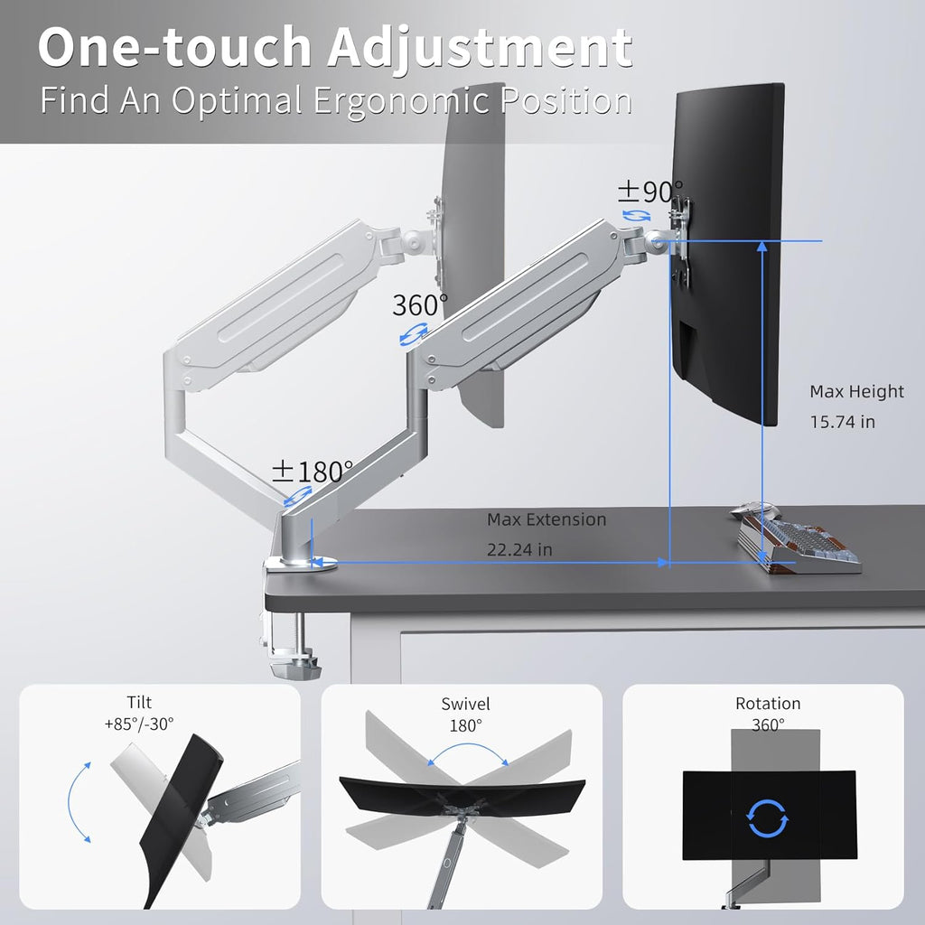 Suptek Single Monitor Mount Adjustable Gas Spring Monitor Arm Desk Mount Stand Fits 17 20 22 23 24 26 27 32 33 inch Monitors,Holds up to 22 lbs,Silver(MD18S)