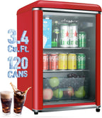 3.4 Cu.Ft Retro Small Beverage Refrigerator Cooler with Double Tempered Glass Door, 120 Can Wine Drink Beer Mini Fridge for Office Bedroom Bar with 7 Temperatures, Adjustable Shelves, Red