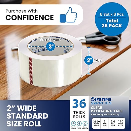36 Rolls | 2.4 mil Clear | 110 Yards Each (3960 Yards Total) | 2" Premium Packing Tape Heavy Duty Packaging Tape for Shipping Moving Stronger Thicker