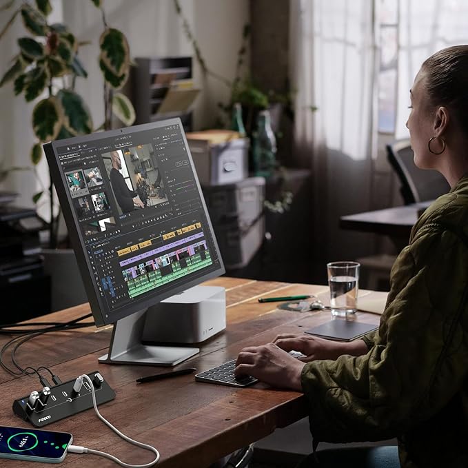 FIDECO Powered USB Hub, 7 Port USB 3.2 Gen 2, 10Gbps Fast Data Hub for iPhone 16/15 and Laptop, Aluminum USB Splitter with 5V 3A Power Adapter, 4 USB-A and 3 USB-C Ports, Support BC1.2 Charging