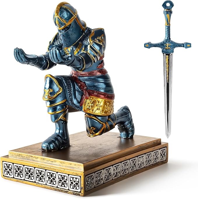 MACLARONX Kneeling Knight Pen Holder with Sword Medieval Warrior Fancy Pencil Stand for Office Desk Home Decor for Men Father Husband Armor Soldier Statue