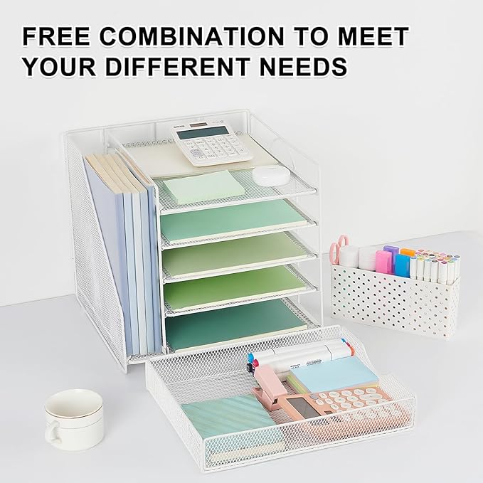 Desk Organizer with Drawer and Pen Holder, 5-Tier Paper Letter Tray Organizer with File Holder, Suitable for Workspace Organizer Office Supplies Storage (White)