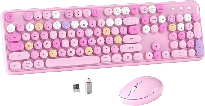 Colorful Wireless Computer Keyboard and Mouse Combo with Round Typewriter Keycaps, Retro Design, Power Switch, Ergonomic Design, 2.4GHz Wireless for Windows, Mac, PC(Pink-Colorful)