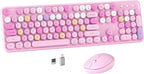 Colorful Wireless Computer Keyboard and Mouse Combo with Round Typewriter Keycaps, Retro Design, Power Switch, Ergonomic Design, 2.4GHz Wireless for Windows, Mac, PC(Pink-Colorful)