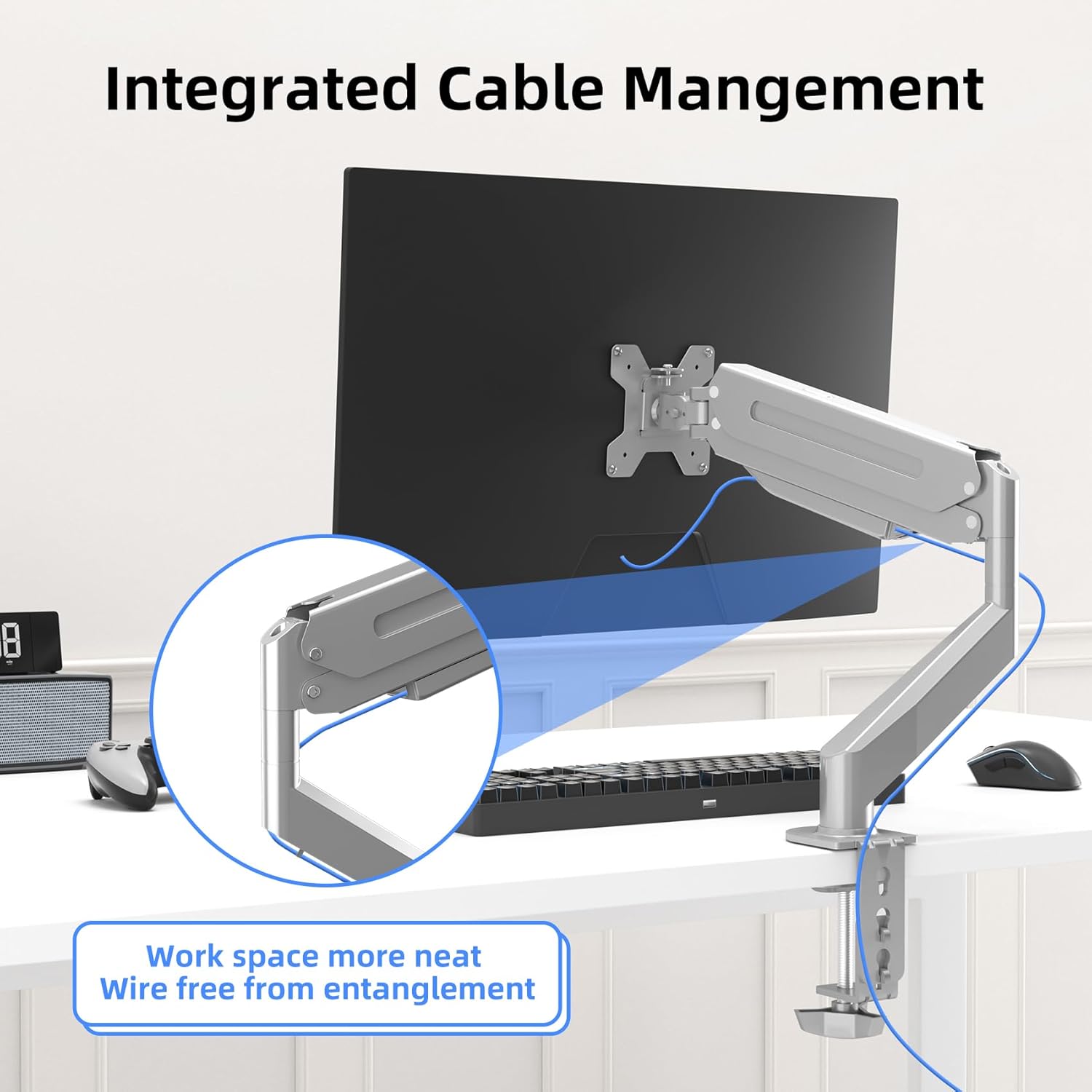 Suptek Single Monitor Mount Adjustable Gas Spring Monitor Arm Desk Mount Stand Fits 17 20 22 23 24 26 27 32 33 inch Monitors,Holds up to 22 lbs,Silver(MD18S)