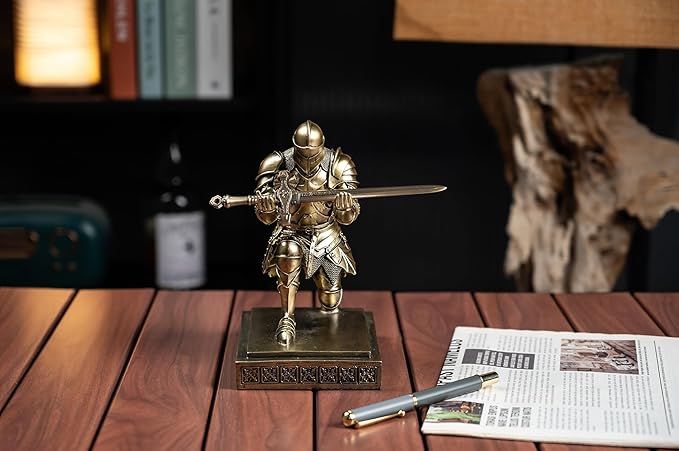 Medieval Armored Warrior Knight Pen Holder Desk Organizers and Accessories Resin Pencil Holder Paperweight as Gift with a Cool Letter Opener for Desk (Bronze)