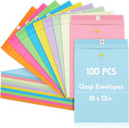 Geyee 100 Pcs Clasp Manilla Envelopes 10 x 13 Inch Gummed Colored Envelopes for Storing or Mailing for Home Office Business Supplies(Multicolor)