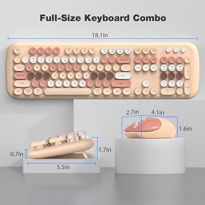 MOFII Wireless Keyboard and Mouse Combo, Full-Sized Colorful Typewriter Keyboard with Round Keycaps, 2.4G Cute Mouse Compatible with PC/Laptop/Computer,Milk Tea Color