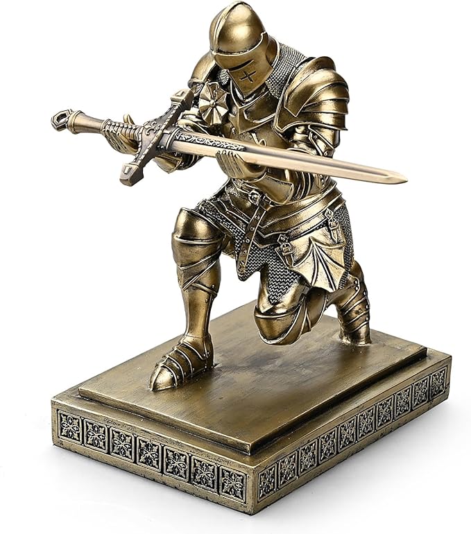 Medieval Armored Warrior Knight Pen Holder Desk Organizers and Accessories Resin Pencil Holder Paperweight as Gift with a Cool Letter Opener for Desk (Bronze)