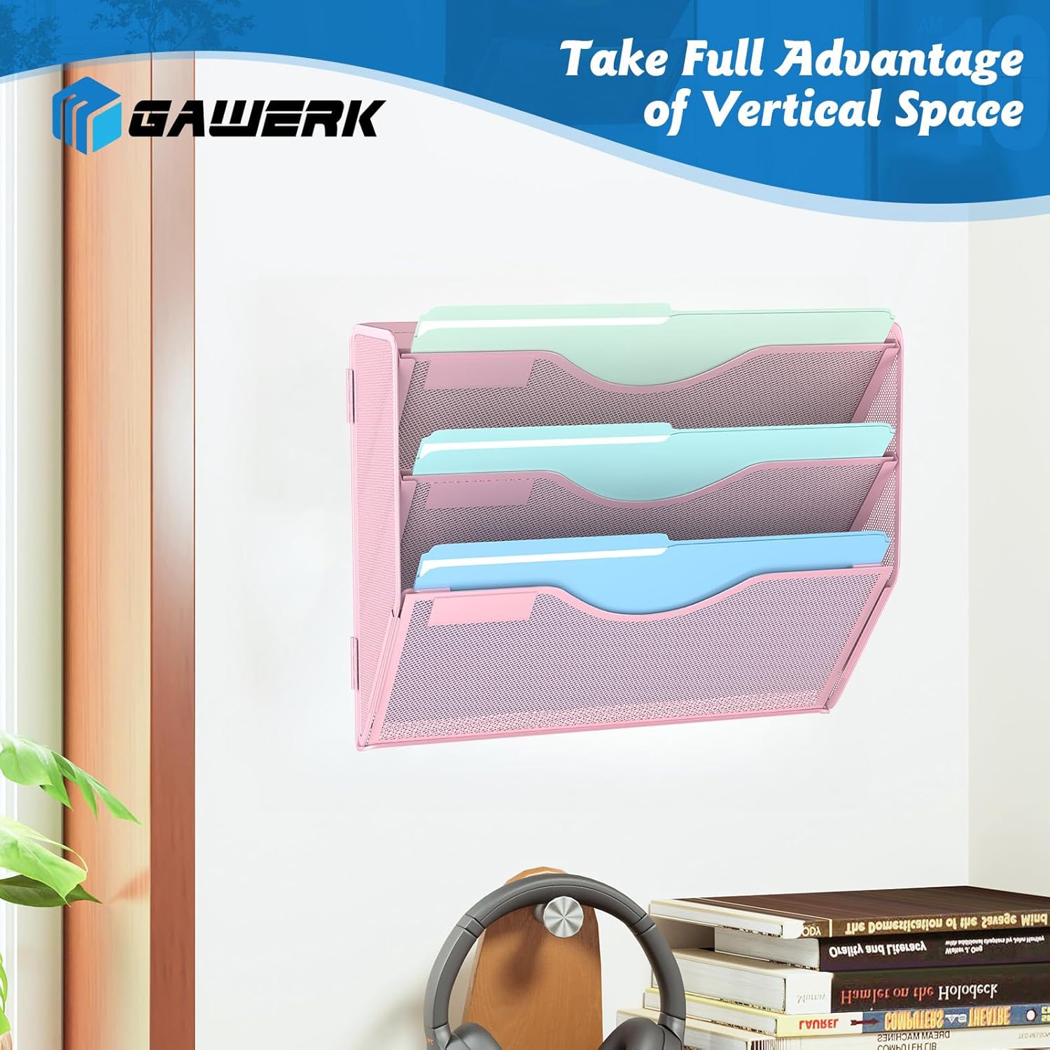 3 Tier Hanging Wall File Organizer, Mesh Mail Paper Orgnization Hanging File Folder Holder for Home Office, Pink