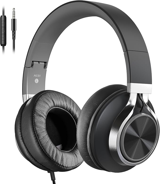AC01 Headphones Wired Over Ear, Corded Stereo Headsets with Microphone Volume Control for Adults Teens Kids 3.5mm for Cellphones, Tablets, Laptop, Chromebook (Black Grey)