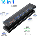 Powered USB 3.0 Hub, 16-Port USB C Hub Splitter (10 USB 3.0+2 QC 3.0+2 Smart Charging+2 USB-C 3.0) with Individual Switches, 12V 7.5A 90W UL Certified Power Adapter for Laptop, Mac, PC, Computer