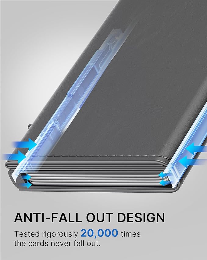 typecase Mens Wallet Card Holder: Pop Up Aluminum Case, Premium Genuine Leather, Smart, RFID Blocking, Slim, Minimalist, Front Pocket - 9-14 Card Capacity | ID Window | Cash Slot - Deep Grey