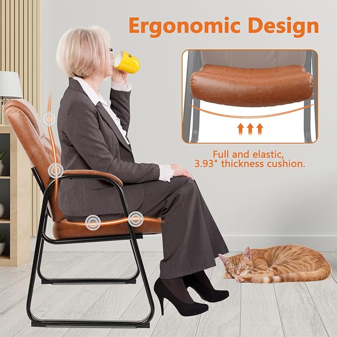 CLATINA Big & Tall 500 lb. Guest Chair, PU Leather Office Reception Chairs with Sled Base, Desk Chair No Wheels for Waiting Room Conference Lobby Computer Living Room, Brown